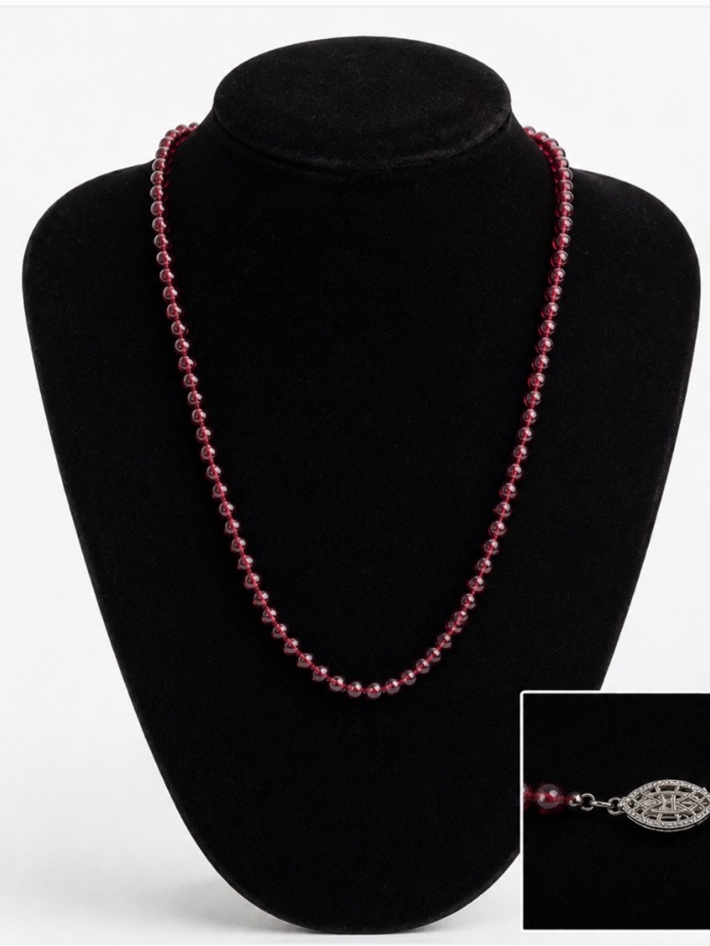 Vintage Garnet Bead Necklace 16" Sterling Silver Clasp Deep Red Gemstone Estate
